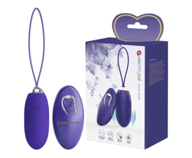 Ovo Massageador Vibrador Prettylove Jenny-Touch roxo com controle remoto sem fio, exibido ao lado de sua embalagem. Produto de silicone à prova d'água com múltiplos modos de vibração.