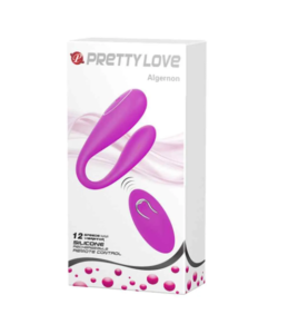 Vibrador para casal com controle remoto da Pretty Love. Mostra ele dento da caixa informando que tem 12 vibrações.