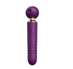 vibrador varinha mágica luxo na cor roxa e dourada. Sua ponta tem o vai e vem e na ponta oposta o sugador 